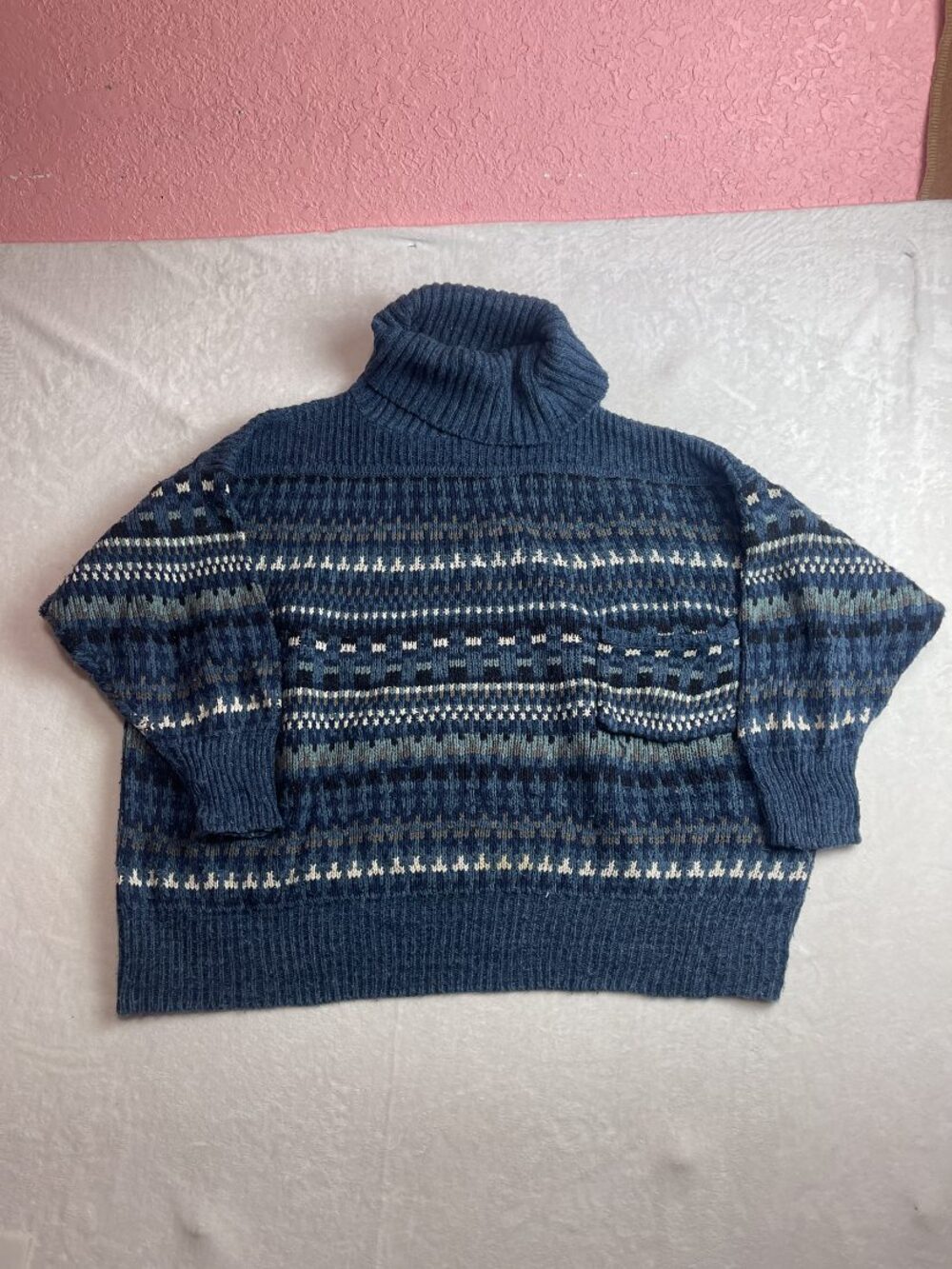 Sportables Women's Blue Fair Isle Turtleneck Sweater Size S Vintage 90s Pockets